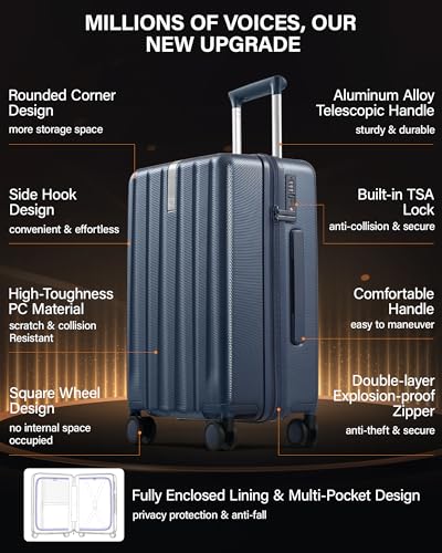 Hanke Upgraded Elite 20 Inch Carry On Luggage 22x14x9 Airline Approved,PC Hard Shell Suitcases with Wheels, TSA Lock, Explosion-Proof Zipper Suitcase for Business Travel Men & Women,Abyssal Blue