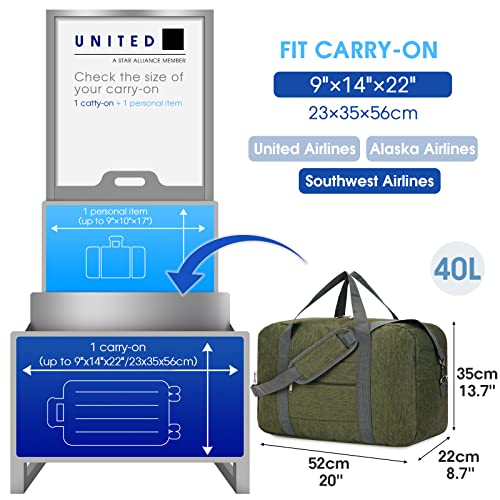 For United Airlines Foldable Carry on Bag 22x14x9 Travel Duffel Bag Packable luggage Duffle for Women and Men 40L (Army Green)