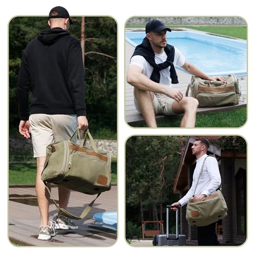 SHOWKOO Duffle Bag for Travel 60L Expandable Canvas Travel Bag Durable Vintage Weekender Overnight Carry On Bag for Men(Army Green)