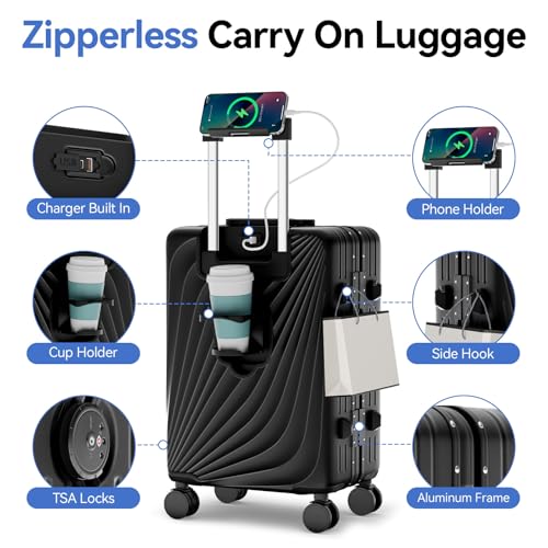 Faqy Z Carry On Luggage, Aluminum Frame Zipperless Suitcase, Black, 20 in