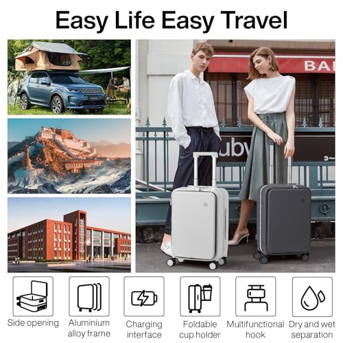 mixi Carry On Luggage with Cup Phone Holder and Charger Hard Shell Suitcases with Spinner Wheels,20 Inch Rock Gray