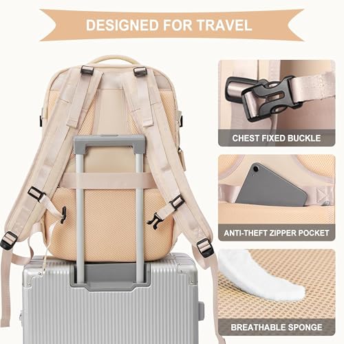 Farmer&Donkey Travel Backpack for Women Men, Waterproof Airlines Approved Carry On Backpack 15.6 Inch Laptop Backpack with USB Charging Port for Computer Bookbag for Business, School, Work(Beige)