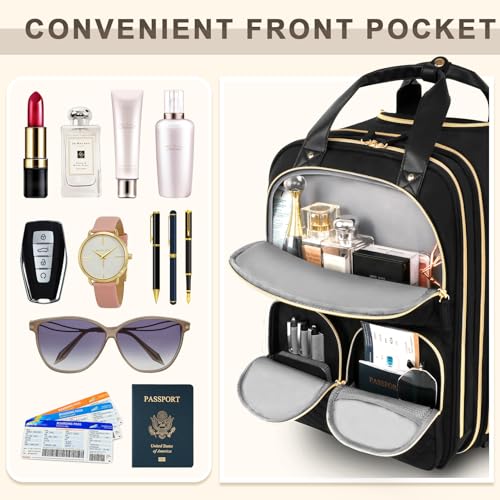 Arcoyard Underseat Carry On Luggage with Wheels, Multiple Compartments Airline Approved Personal Item Bag, Travel Carry-On with Leather Handle, Lightweight Rolling Suitcase for Women, Black Gold, L