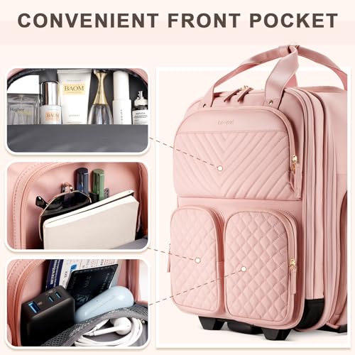 Arcoyard Underseat Carry On Luggage with Wheels, Airline Approved Personal Item Bag, Multiple Compartment Travel Carry-On with Leather Handle, Soft Side Lightweight Rolling Suitcase for Women, Pink, L