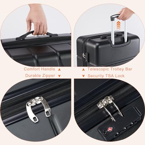 Sweetcrispy 20 Inch Carry On Luggage, Lightweight ABS Rolling Hard Shell Suitcase with Quiet Spinner Wheels, Built-in TSA Lock, Portable Travel Suitcase for Business Trip & Vacation Use, Black