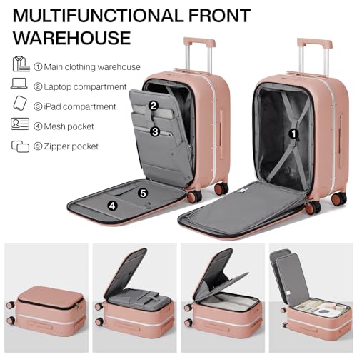 mixi Carry On Luggage, 20'' Suitcase with Front Pocket, Travel Rolling Luggage Aluminum Frame PC Hardside with Spinner Wheels & TSA Lock and Cover - Pink