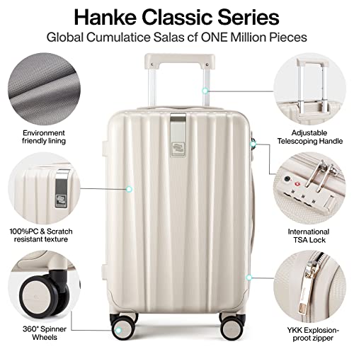 Hanke 20 Inch Carry on Luggage 22x14x9 Airline Approved Lightweight PC Hard Shell Suitcase with Spinner Wheels Rolling Travel Bag Christmas Birthday Gifts (Ivory White)