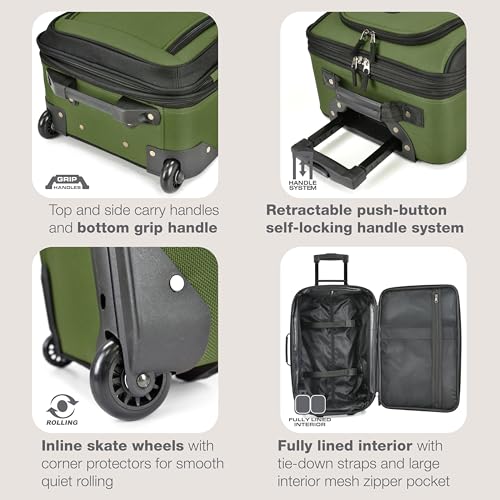U.S. Traveler Rio Lightweight Softside Rolling Carry-on Suitcase, 2-Wheel Set, Green