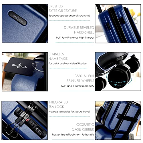 TRAVELARIM 20 Inch Carry On Luggage 22x14x9 Airline Approved, Carry On Suitcase with Wheels, Hard-shell Carry-on Luggage, Durable Luggage Carry-On, Navy Small Suitcase with Cosmetic Case