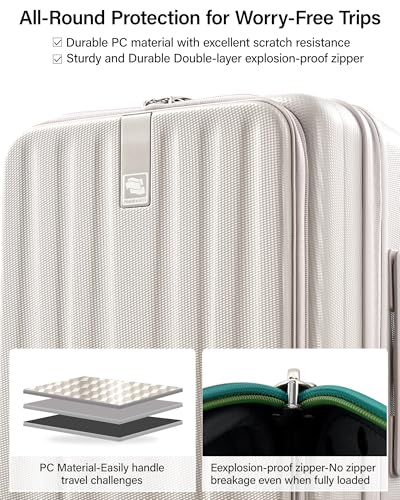 Hanke 20 Inch Expandable Carry On Luggage Airline Approved Top Opening Hard Shell Suitcases with Wheels Lightweight Travel Luggage Carry On Suitcase for Woman Men-Ivory White