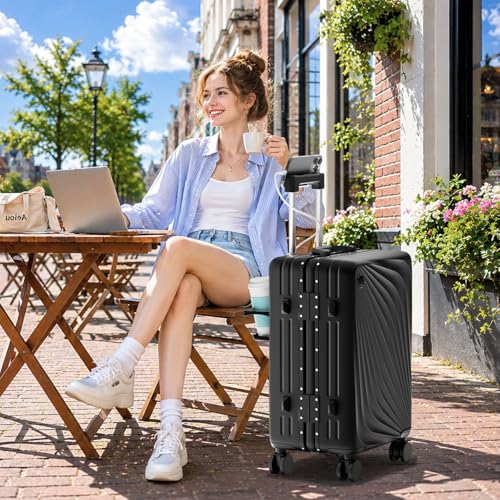 Faqy Z Carry On Luggage, Aluminum Frame Zipperless Suitcase, Black, 20 in