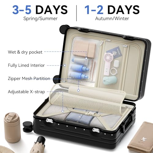 Faqy Z Carry On Luggage, Aluminum Frame Zipperless Suitcase, Black, 20 in
