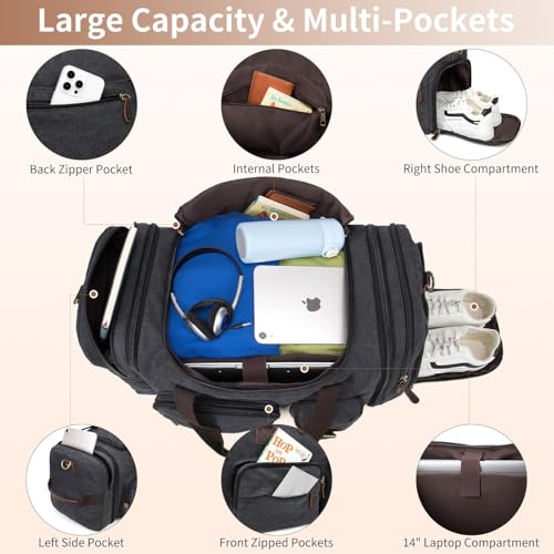 Mens Duffle Bag for Travel 60L Expandable Canvas Weekender Overnight Travel Duffel Bag with Shoe Compartment Carry-On for Airplanes Dark Gray