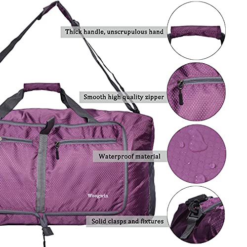 Woogwin Travel Duffel Bag Large Foldable Waterproof Overnight Bag for Beach Swim Bags Pool Sports Gym (60L Purple)
