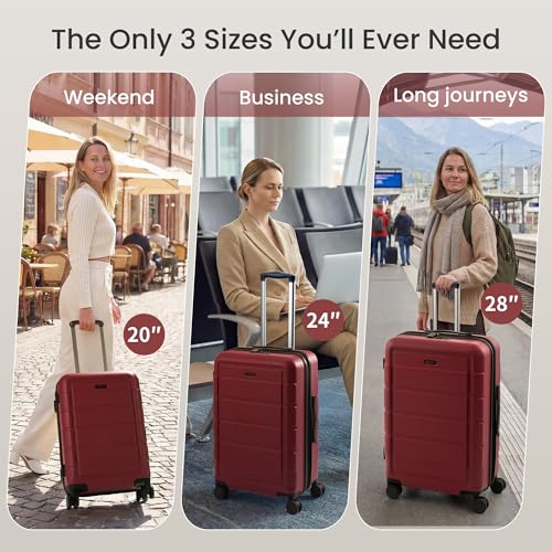 SHOWKOO PRO G-Series Luggage Sets 3 Piece Expandable 100% PC Durable Hardshell Suitcase with Wheels TSA Lock Lightweight Wine Red