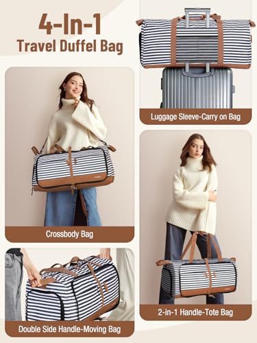 Lekesky Foldable Travel Duffle Bag for Women, 80L Large Duffel Bag with Separate Shoes Compartments & Straps, Carry On Weekend Bag for Women, Hospital, Overnight (Blue Stripes)