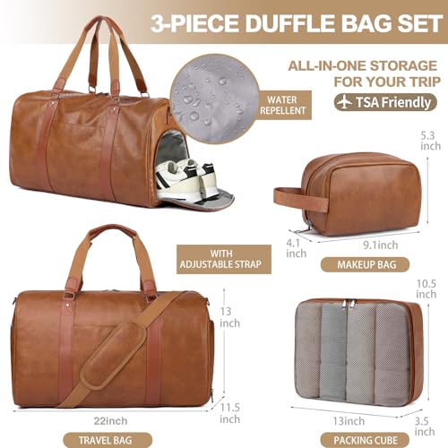 Large 3-in-1 Leather Duffle Bag for Travel Weekender Overnight Hospital Gym Bag for Men & Women, Carry On Airline Approved Personal Item Duffel Garment Bag Luggage with Shoe Compartment & Toiletry Bag