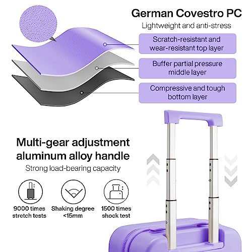 mixi Carry on Luggage, 20'' Suitcase Spinner Wheels Luggage Hardshell Lightweight Rolling Suitcases PC with Cover & TSA Lock for Business Travel, Lilac Purple