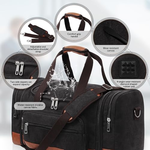 Voylic Men'S Duffle Bag For Travel, Expandable Canvas Duffel Bags Overnight Weekend Gym Carry On Luggage Bag For Men(Black)