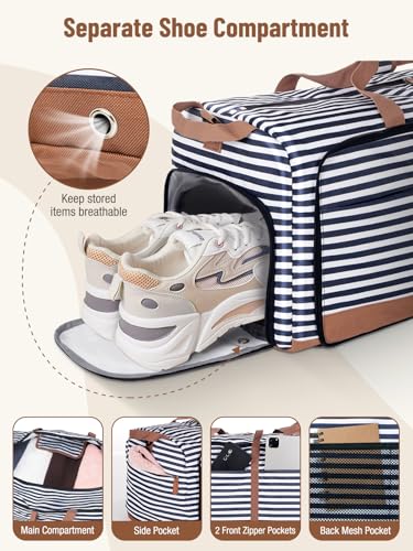 Lekesky Foldable Travel Duffle Bag for Women, 80L Large Duffel Bag with Separate Shoes Compartments & Straps, Carry On Weekend Bag for Women, Hospital, Overnight (Blue Stripes)