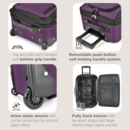 U.S. Traveler Rio Lightweight Softside Rolling Carry-on Suitcase, 2-Wheel Single, Purple