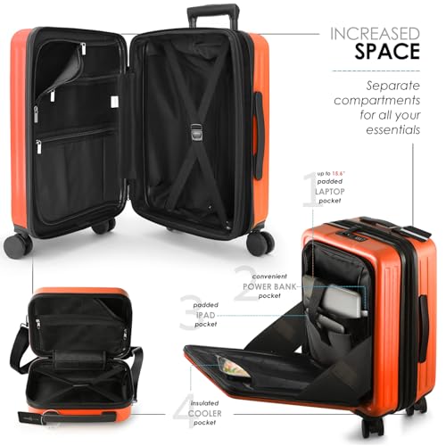 TRAVELARIM 20 Inch Carry On Luggage 22x14x9 Airline Approved, Carry On Suitcase with Wheels, Hard-shell Carry-on Luggage, Orange Small Suitcase, Hardside Luggage Carry On with Cosmetic Carry On Bag