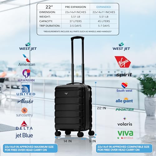 Flight Knight 22x14x9" Expandable Carry On Suitcase Hardside TSA Lock USB C Port Lightweight Luggage Silent Double Spinner Wheels Maximum Overhead Carry-On Bag For American & United Approved Airlines