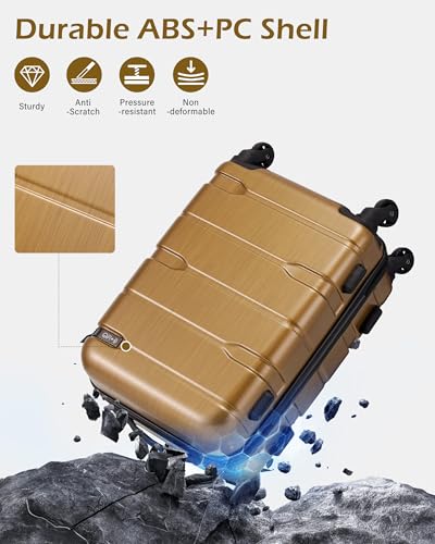 Coolife Carry On Luggage 22x14x9 Airline Approved Hardside PC+ABS Suitcase with TSA Lock, Lightweight Rolling Travel Luggage with Spinner Wheels(Black Brown, 20in)