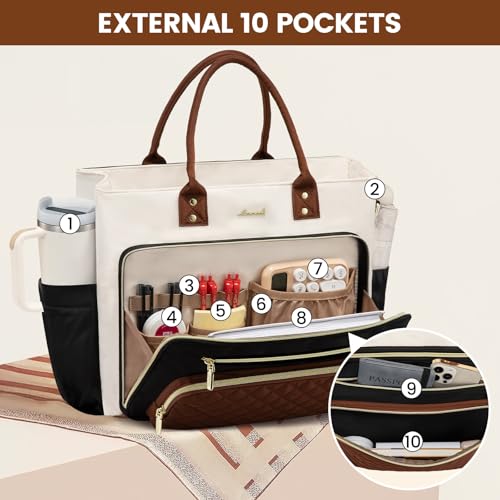 LOVEVOOK Teacher Tote Bag for Women, Laptop Bag Work Bags Computer Bag, Professional Briefcase Business Large Purses Handbag Gifts, Black-Beige-Brown, 17 Inch