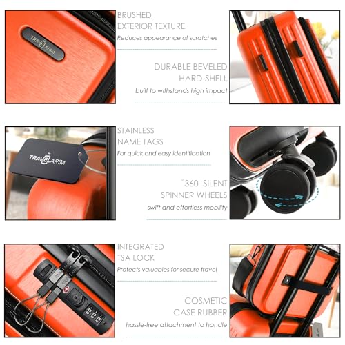 TRAVELARIM 20 Inch Carry On Luggage 22x14x9 Airline Approved, Carry On Suitcase with Wheels, Hard-shell Carry-on Luggage, Orange Small Suitcase, Hardside Luggage Carry On with Cosmetic Carry On Bag