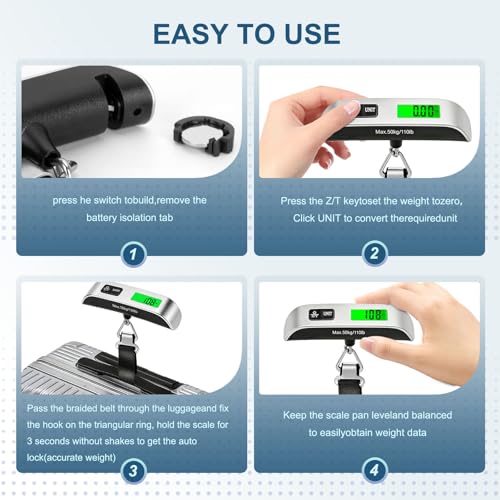 SkyStage Digital Luggage Scale, 110lb Suitcase Weight Scale for Travel with Backlit LCD Display, 4-Unit Switching, Portable Hanging Baggage Scale for Luggage, Backpacks, Packages (Battery Included)