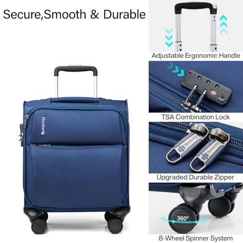 Hanke 16 Inch Underseat Carry On Luggage with Spinner Wheels Airline Approved, Small Rolling Suitcase Softside Underseater Lightweight TSA Travel Roller Suitcase Carry-On Bag(Blue)