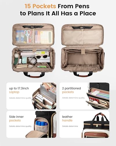 LOVEVOOK Rolling Teacher Bag with Detachable Dolly and Laptop Compartment, Large Rolling Tote Bag fits for 17.3" Laptop for Teacher Office Work Craft Nurse, Quilted-Black-beige-brown