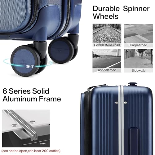 Hanke 20 Inch Carry On Luggage with Front Pocket Aluminum Frame, Hard Shell Suitcases with Wheels, Rolling Luggage, Suitcase with Lock, Travel Luggage for Weekender, Dark Blue