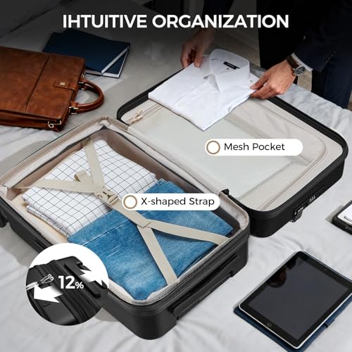 CASELLY Carry on Luggage Top opening Suitcases, Expandable with Cup Holder and USB Charging Port,Lightweight with Front Pocket Rolling Suitcases with Spinner Wheels