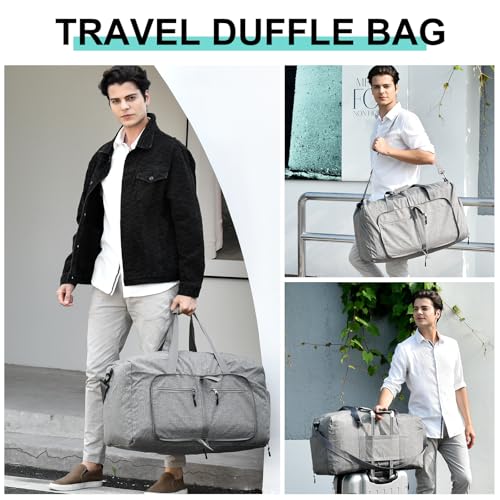 Dimayar 65L Travel Duffle Bag for Men Women - Foldable Duffel Bag with Shoes Compartment - Overnight Bags Waterproof & Tear Resistant(Gray)