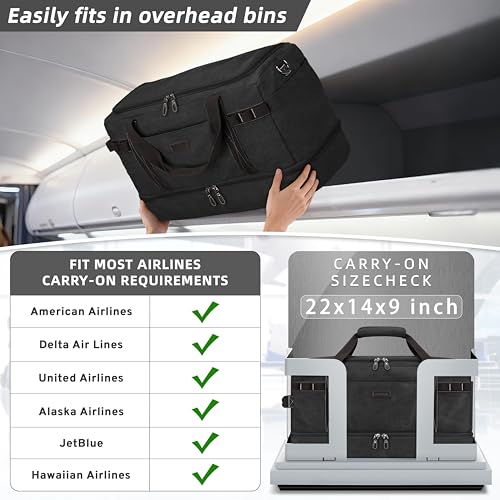 ZOMFELT Travel Duffle Bag for Men, 45L Carry On Luggage 22x14x9 Airline Approved, Waterproof Canvas Overnight Duffel Bag with Removable Dividers, Weekender Gym bag with Shoe Pocket (Washed Black)
