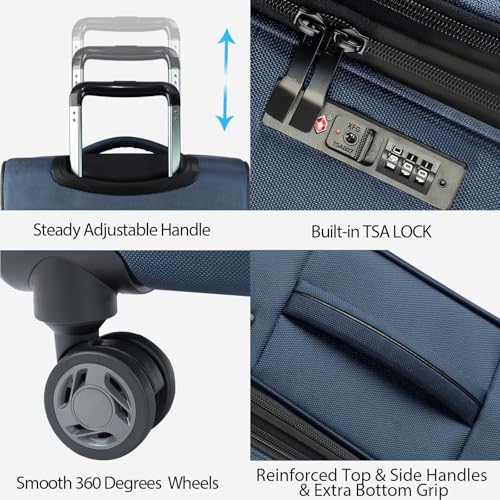 KROSER Softside Expandable Carry On Luggage with Front Business Pockets，20 Inch Suitcases with Spinner Wheels & Built-in TSA Lock, Durable Suitcase Rolling Luggage with USB Port, Haze Blue