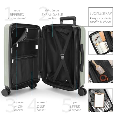TRAVELARIM 22 Inch Carry On Luggage 22x14x9 Airline Approved, Small Carry On Suitcase, Hard-shell Carry-on Luggage with Wheels, Durable Expandable Sage Green Luggage Carry-On with Cosmetic Case
