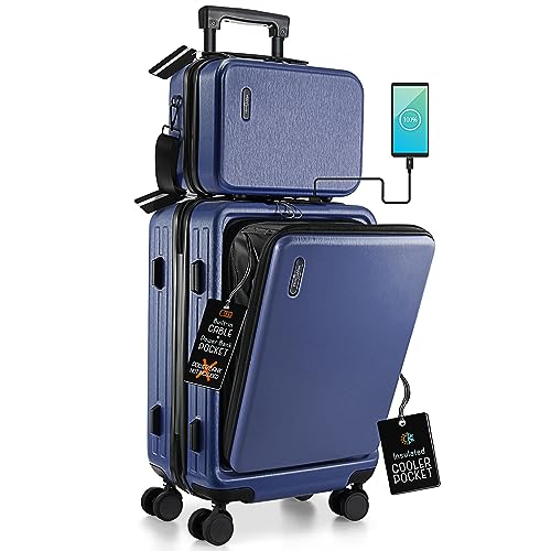 TRAVELARIM 20 Inch Carry On Luggage 22x14x9 Airline Approved, Carry On Suitcase with Wheels, Hard-shell Carry-on Luggage, Durable Luggage Carry-On, Navy Small Suitcase with Cosmetic Case