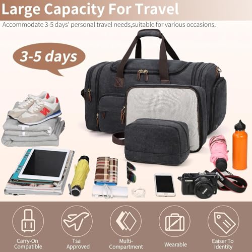 Mens Duffle Bag for Travel 60L Expandable Canvas Weekender Overnight Travel Duffel Bag with Shoe Compartment Carry-On for Airplanes Dark Gray