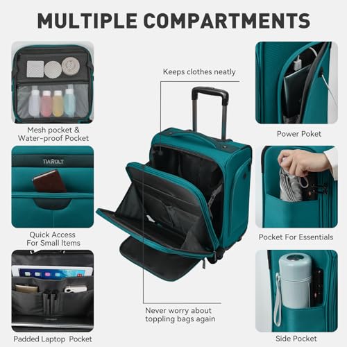 TIAWOLT 16 Inch Underseat Carry on Luggage With Wheels Softside Lightweight Compact Business Suitcases Travel Bag with Spinner Wheels Airline Approved Luggage for Short Trip,Green