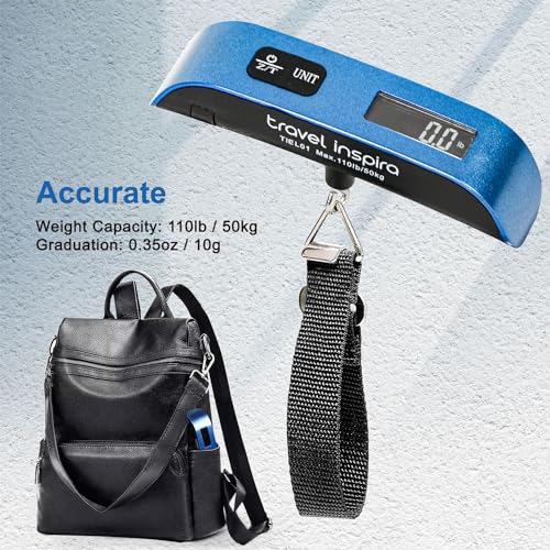 travel inspira Luggage Scale, Portable Digital Hanging Baggage Scale for Travel, Suitcase Weight Scale with Rubber Paint, 110 Pounds, Battery Included - Blue