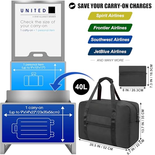 Foldable Travel Duffle Bag, Airlines Approved Carry On Bag Weekender Overnight Bag for Men Women, 40L (Black)