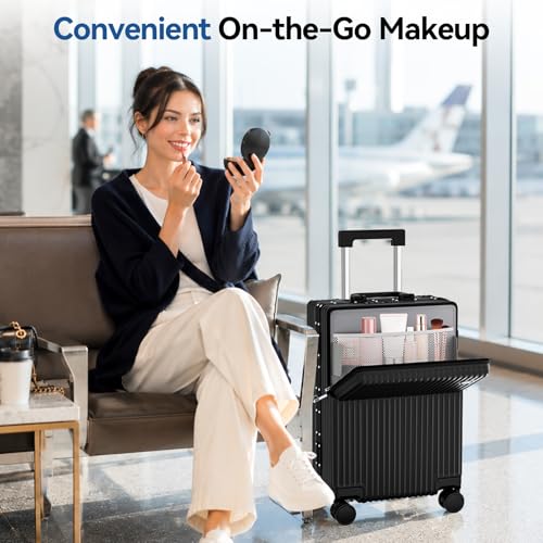 Hiyciy 20 Inch Carry On Luggage Front Pocket, Aluminum Frame PC Hardside Suitcase with Quick Makeup Area, Cup Holder & USB Charger, Spinner Wheels for Weekend Travel (Black, 20 Inch)