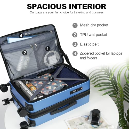 KROSER Carry On Luggage with Spinner Wheels & Built-in TSA Lock, Expandable Top Opening Hard Shell Suitcase Large Capacity Durable Rolling Luggage with USB Port, Carry-On 20-Inch, Light Blue