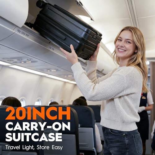 Expandable Top Opening 20 Inch Carry On Luggage with Laptop Compartment – Polycarbonate Hard Shell Suitcase, TSA Lock & Spinner Wheels (Black)