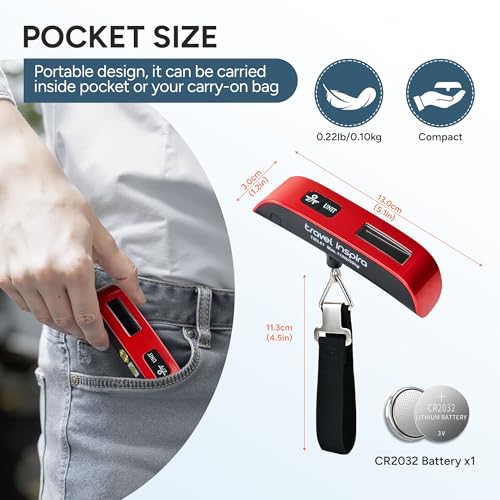 travel inspira Luggage Scale, Portable Digital Hanging Baggage Scale for Travel, Suitcase Weight Scale with Rubber Paint, 110 Pounds, Battery Included - Red