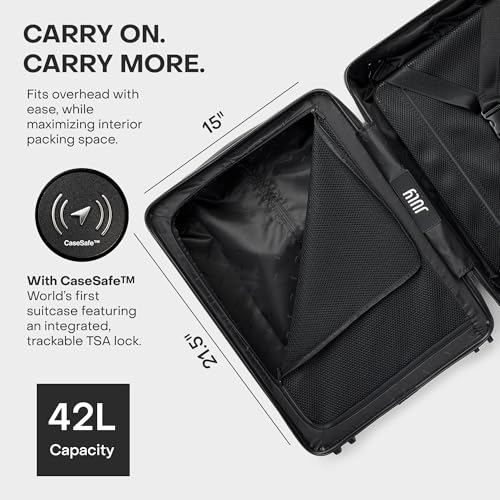 July Carry On with CaseSafe - 20" Built in Tracking, Airline Approved Carry On Luggage with Wheels, Travel Suitcase for Men & Women - Polycarbonate Shell, USB Ports & Ejectable Battery - Dark Brown