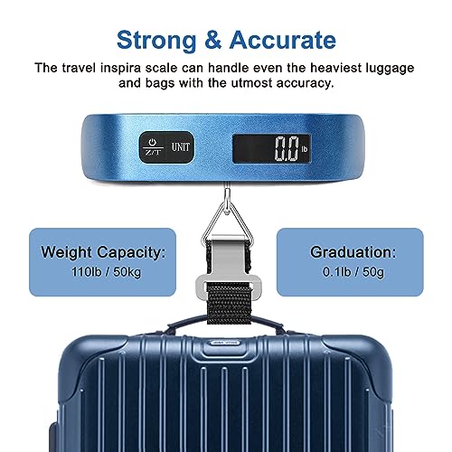 travel inspira Luggage Scale, Portable Digital Hanging Baggage Scale for Travel, Suitcase Weight Scale with Rubber Paint, 110 Pounds, Battery Included - Blue